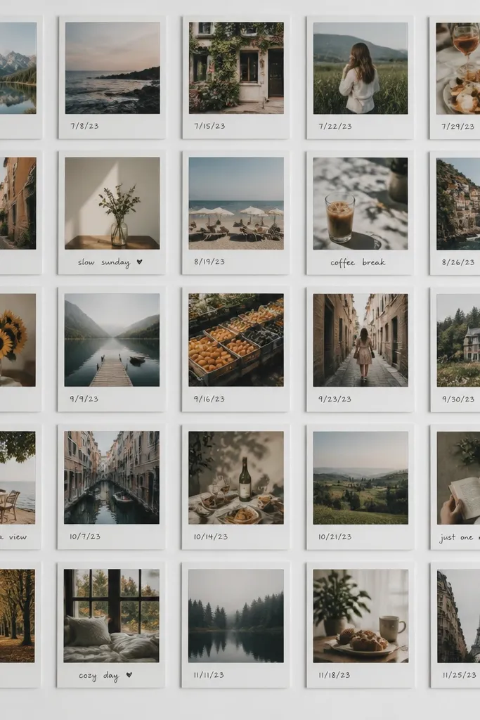 A white board covered in a neat grid of polaroid-style photos; each polaroid has a small handwritten date in the bottom white margin; a few captions are in black ink.