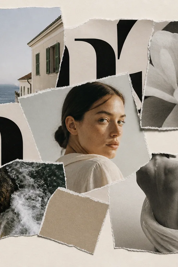 A collage on off-white cardstock with magazine clippings layered in uneven tear edges; the tear edges reveal white paper beneath; bold headlines are partially visible behind photos.