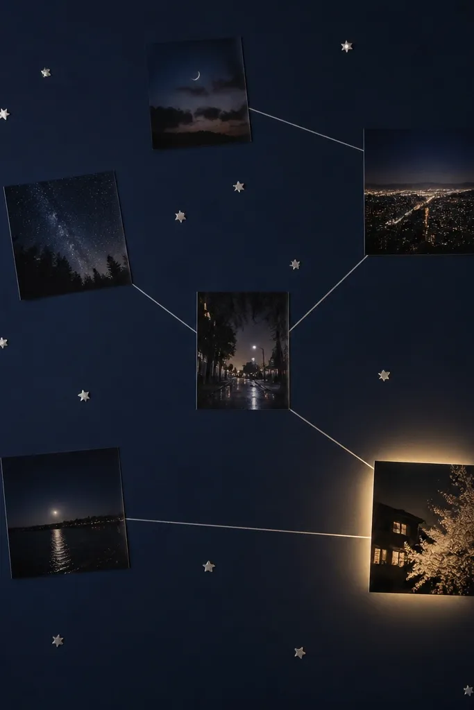 A dark navy background with small star stickers scattered lightly; printed photos show night scenes; thin silver lines connect a few images like constellations; one section has a glowing effect.