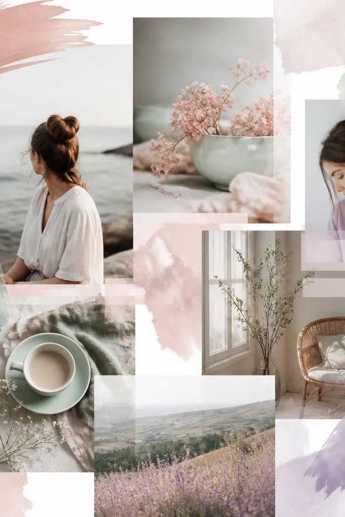 A board with soft watercolor washes in blush, mint, and pale lavender; photos are placed in semi-transparent sections; a few watercolor brush strokes frame the edges.