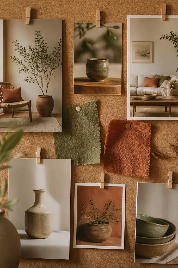 A corkboard-style background with warm terracotta and olive color accents; photos of cozy rooms, plants, and handmade ceramics are clipped with small clothespins.