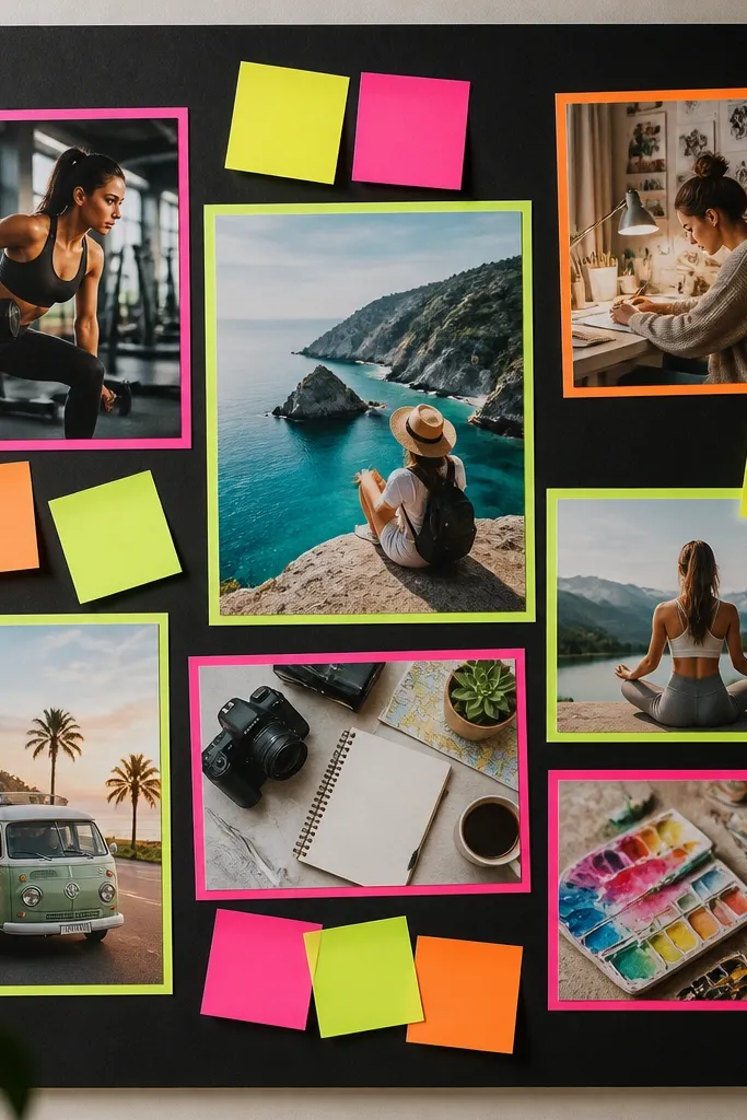 A black poster board with neon sticky notes and neon-outlined photo frames; photos have bright lighting and include fitness, travel, and creative work scenes.