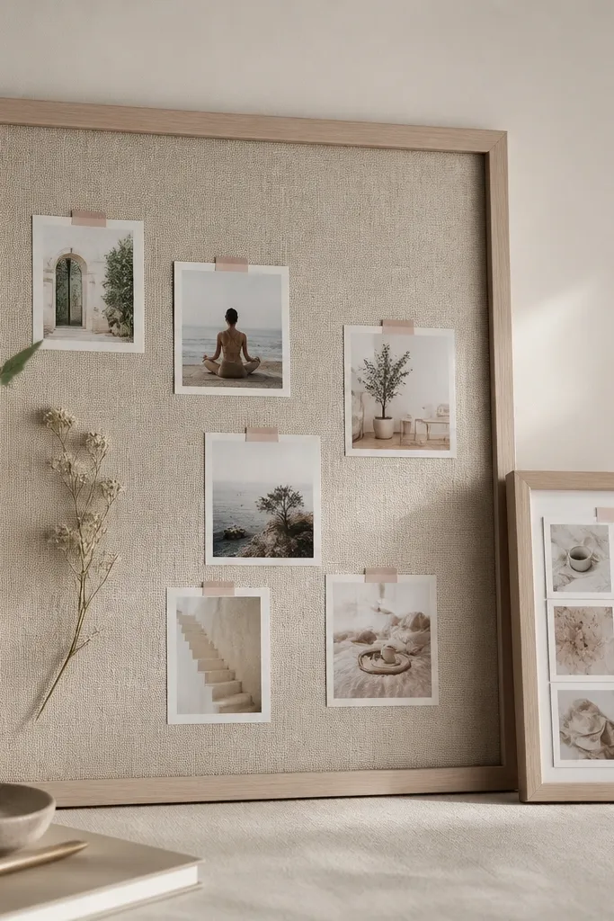 A corkboard or fabric board paired with a small matching frame holding a monthly mini vision card; the frame sits next to the board with matching color tape.