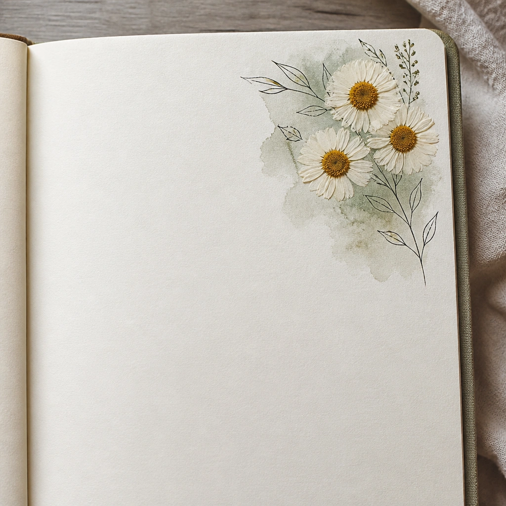 A journal page with a small cluster of pressed daisies in the top-right corner. The flowers sit above a light watercolor wash background, with a thin black outline of leaves drawn around them.