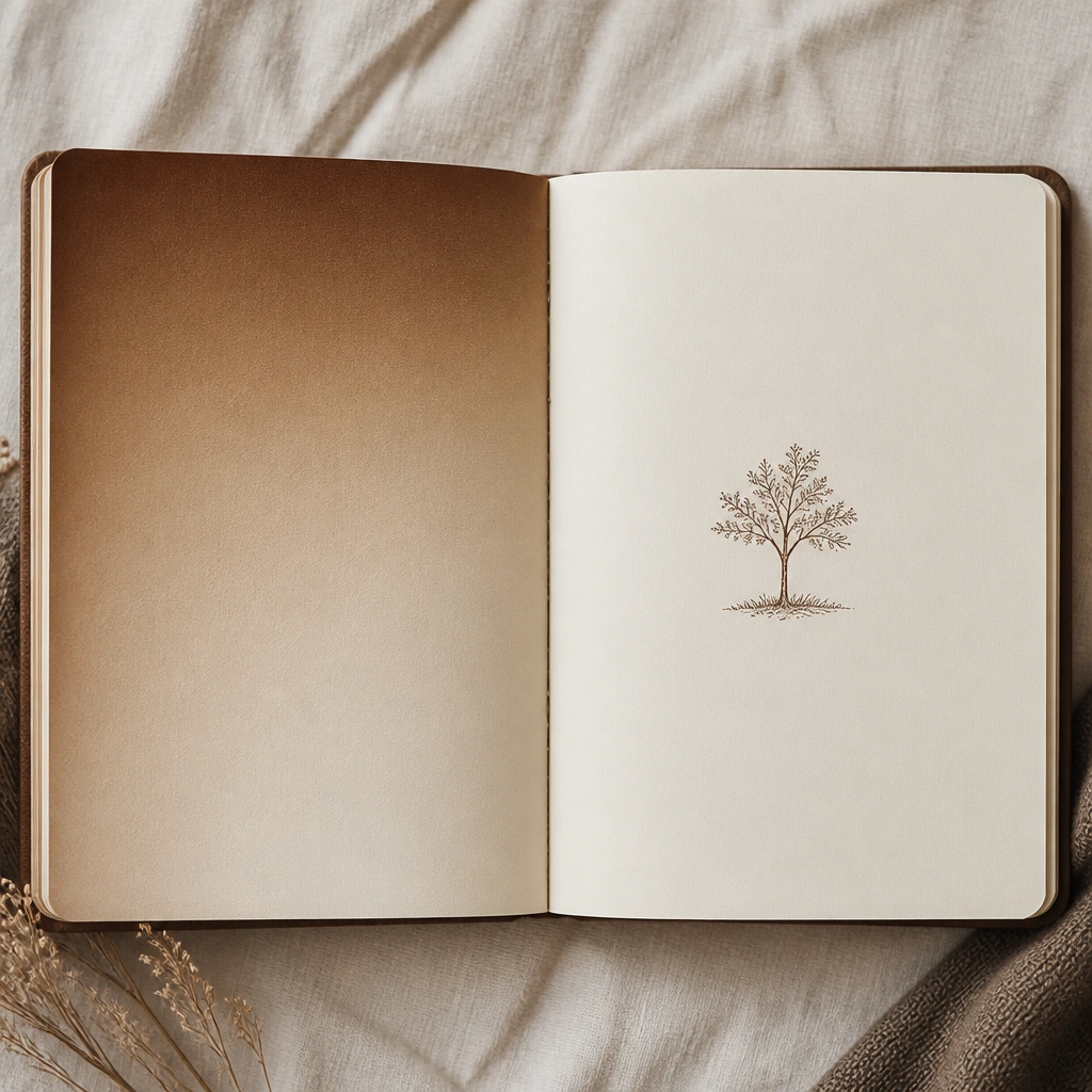 A diary spread where the left side fades from dark brown to light beige like an ombré. The right side is blank except for a centered title written in dark brown ink.