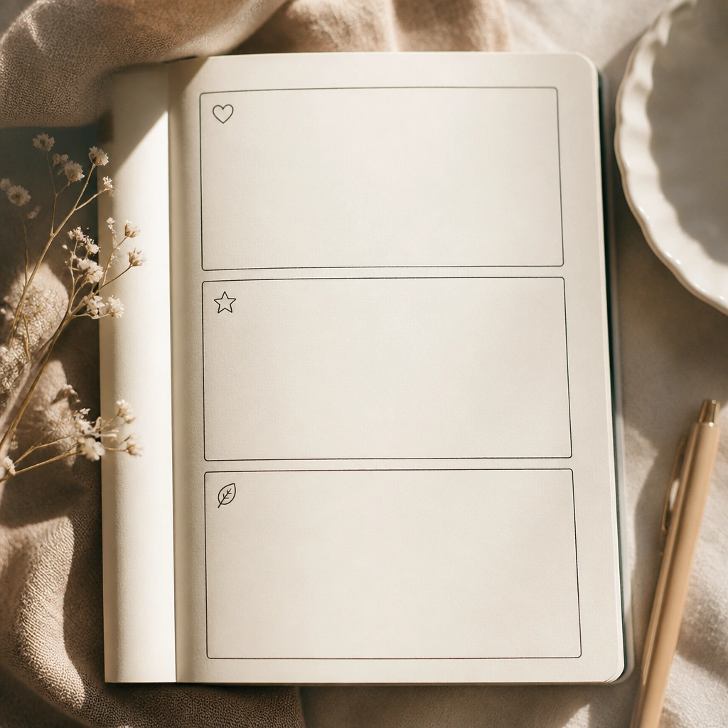 A diary page split into three sections by thin black line art boxes. Each box has a small icon (a heart, a star, and a leaf) at the top-left corner.