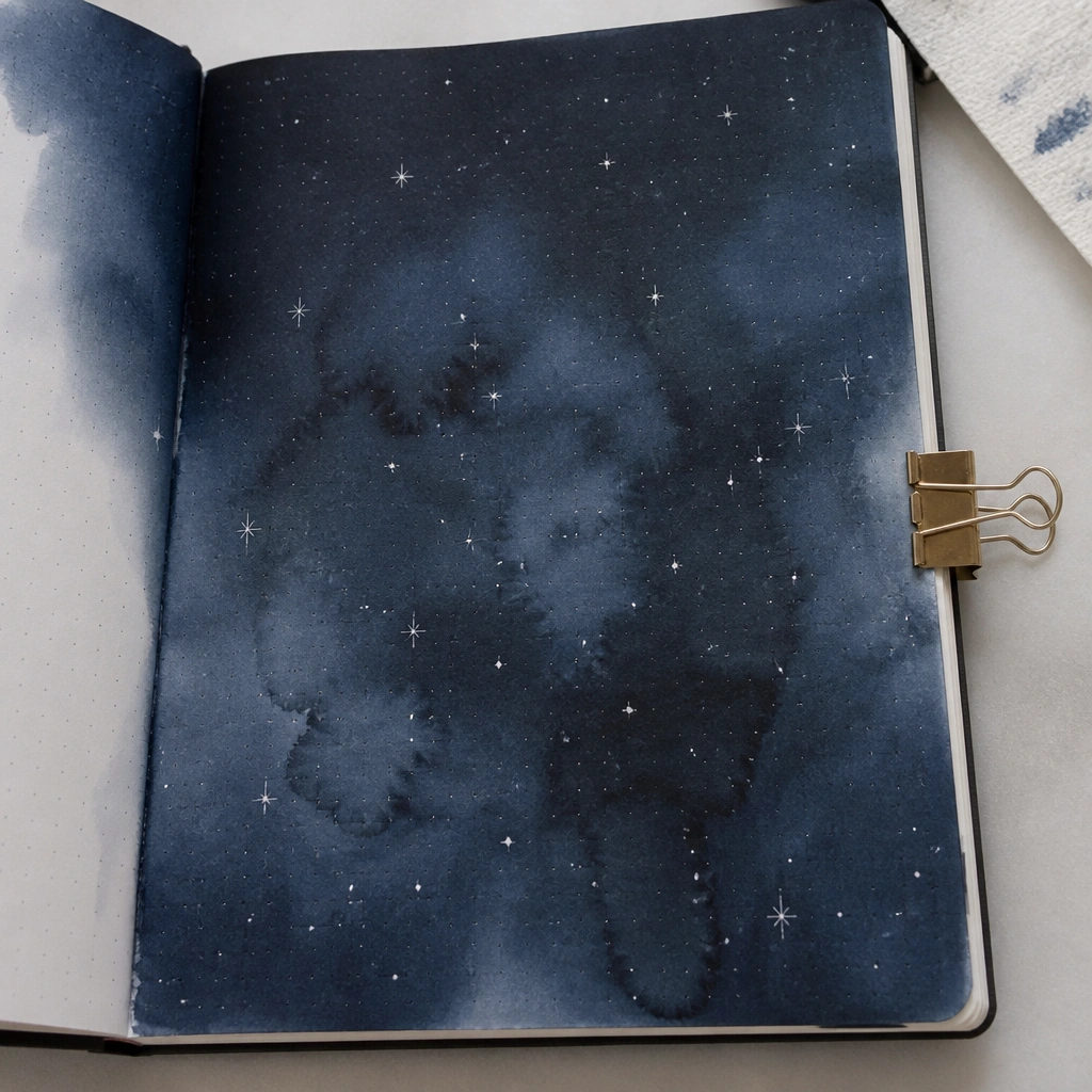 A journal page with a faint dot-grid pattern. Over it, small white gel pen stars are scattered, and a deep navy wash sits behind them like night sky clouds.