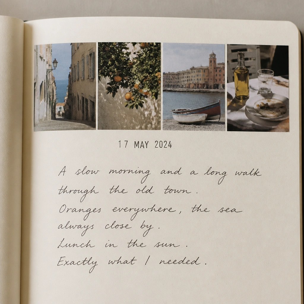 A diary page featuring a horizontal strip of 4 small printed photos along the top. A date stamp in black sits under the strip, with a few handwritten captions in cursive.