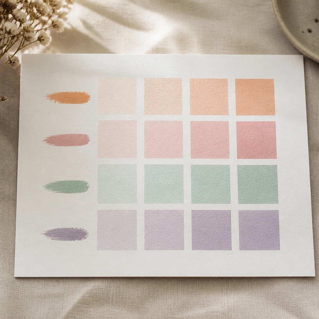 A grid of small squares filled with soft colors: peach, blush, mint, and light lavender. Each row has a short label written in a different ink color.