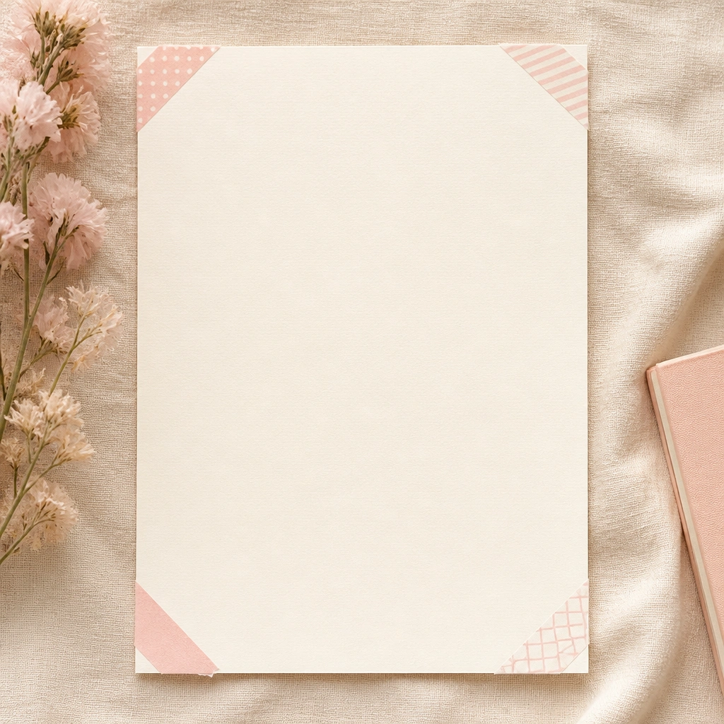 The page has open space in the center with four corners decorated by small triangles of washi tape. Each corner uses a different pattern tape, but the colors stay within cream and pastel pink.