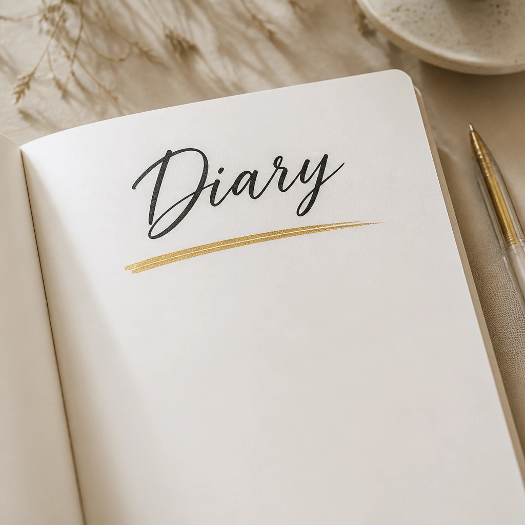 A diary page with a large hand-lettered title in dark ink. Under the title, an underline is made with scribbled gel pen texture in a warm gold tone.