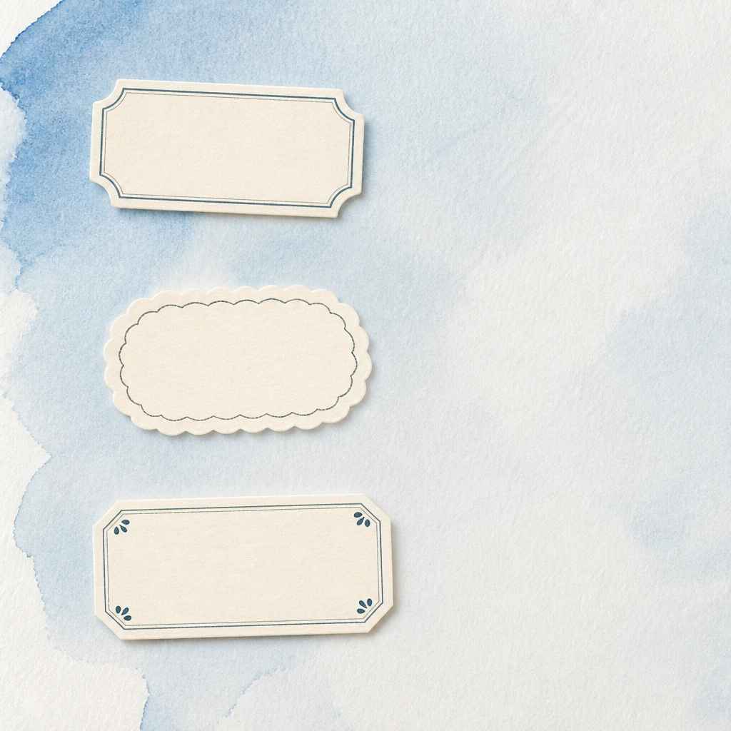 A page with a pale watercolor wash in the background (light blue fading to white). Three small label stickers or handwritten labels sit on top, each with a different heading.