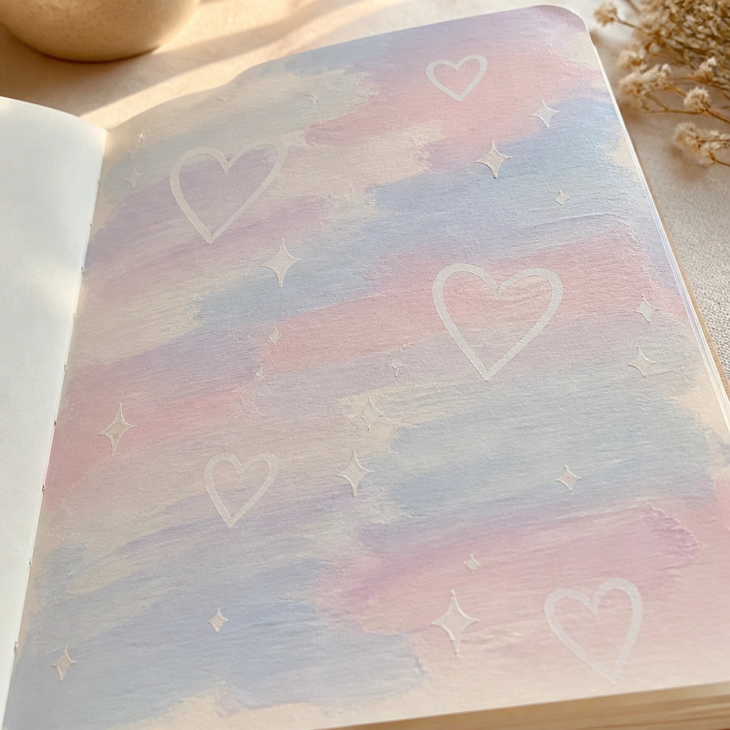A diary page with small doodles (hearts and tiny sparkles) drawn in pencil and then painted over with a light pastel color. The doodles are crisp, outlined by unpainted tape-resist shapes.