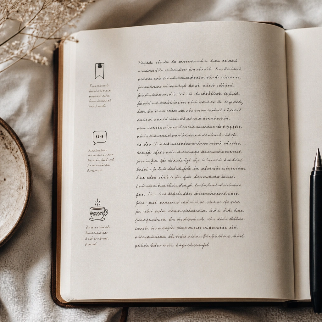 A journal page where the main text is centered. On the left margin, small icons (bookmark, quote bubble, teacup) are drawn next to short notes in tiny handwriting.