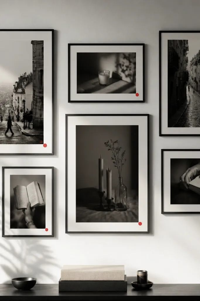 A mostly monochrome collage with black frames, white backgrounds, and grayscale photos of city streets, candles, and hands holding books. A few red accents appear as tiny sticker dots.