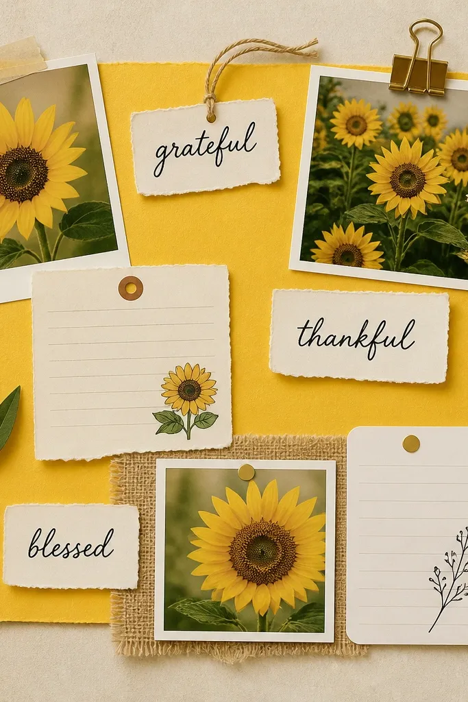 A bright yellow-centered layout with sunflower photos, handwritten gratitude labels, and small journaling cards layered over a light beige background.