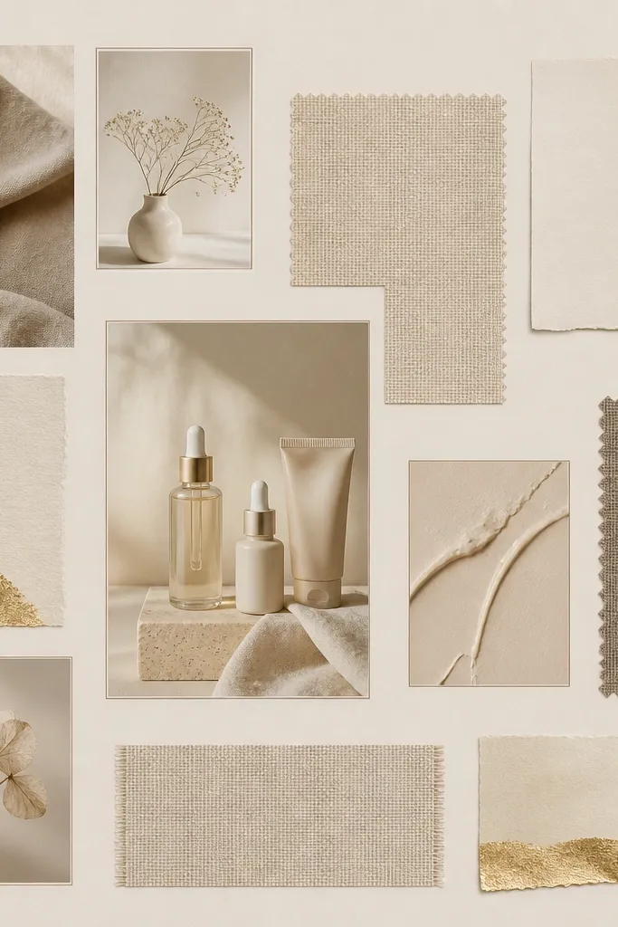A beige and taupe board featuring linen swatches, beige skincare product photos, and a few gold-foil quote cutouts. The layout uses lots of empty space and thin borders.