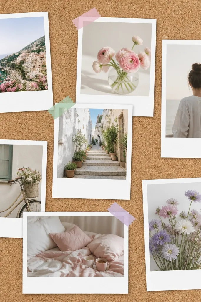 A corkboard covered with slightly uneven polaroid-style prints, secured with pastel washi tape corners in mint, blush, and lilac.