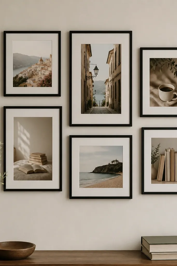A set of small faux frames arranged like a gallery wall, each containing a photo (travel, books, coffee) with white matting and black frame lines.