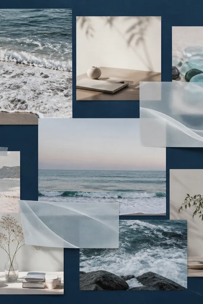 A deep ocean-blue board with photos of beach waves, sea glass, and minimalist desk scenes. A few translucent vellum overlays show soft wave shapes.