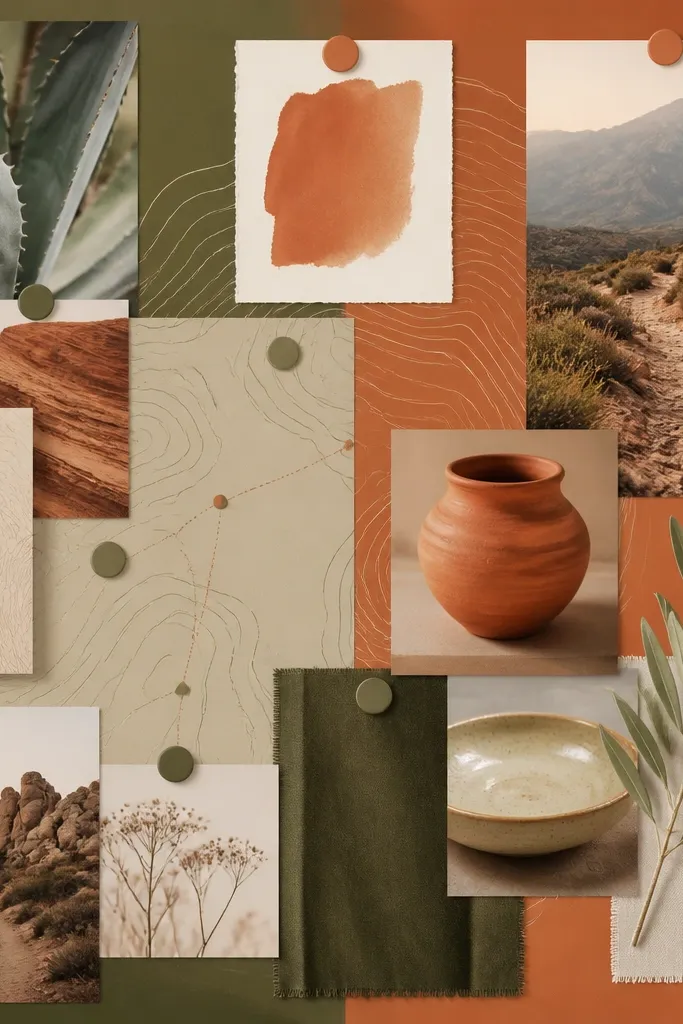 A terracotta and olive board with topographic-style lines, small map-like graphics, and photos of plants, ceramics, and hiking trails.