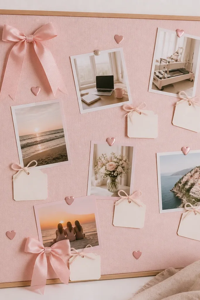 A blush pink board featuring ribbon bows, small heart stickers, and photos arranged in a soft diagonal. Each goal has a tiny label card tied with thin string.