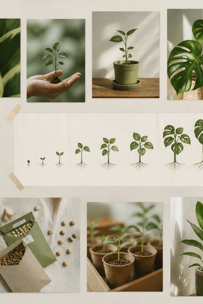 A bright green and cream vision board with plant leaf photos, seed packets, and growth chart graphics. The images are arranged like a timeline from small to big.