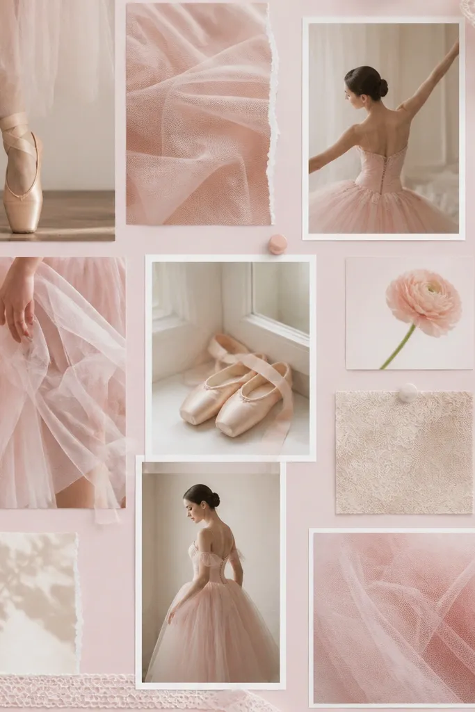 A light pink board with tulle texture overlays, ballerina-inspired photos, and soft white typography. Some edges are finished with lace trim.