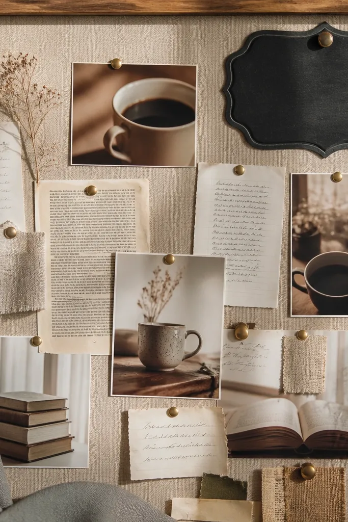 A warm beige board with photos of coffee cups, handwritten notes, and book pages. A faux chalkboard label sits in the top corner with goal phrases.