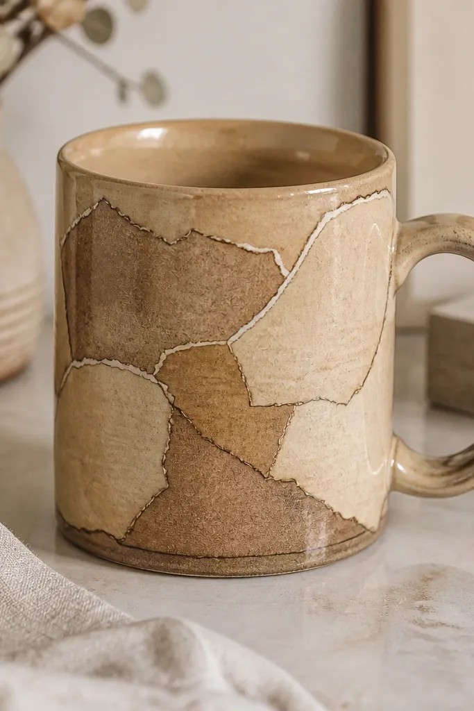 A tan-toned mug wrapped with torn sepia book pages, with a thin black outline around the design; the surface looks lightly glossy like aged paper.