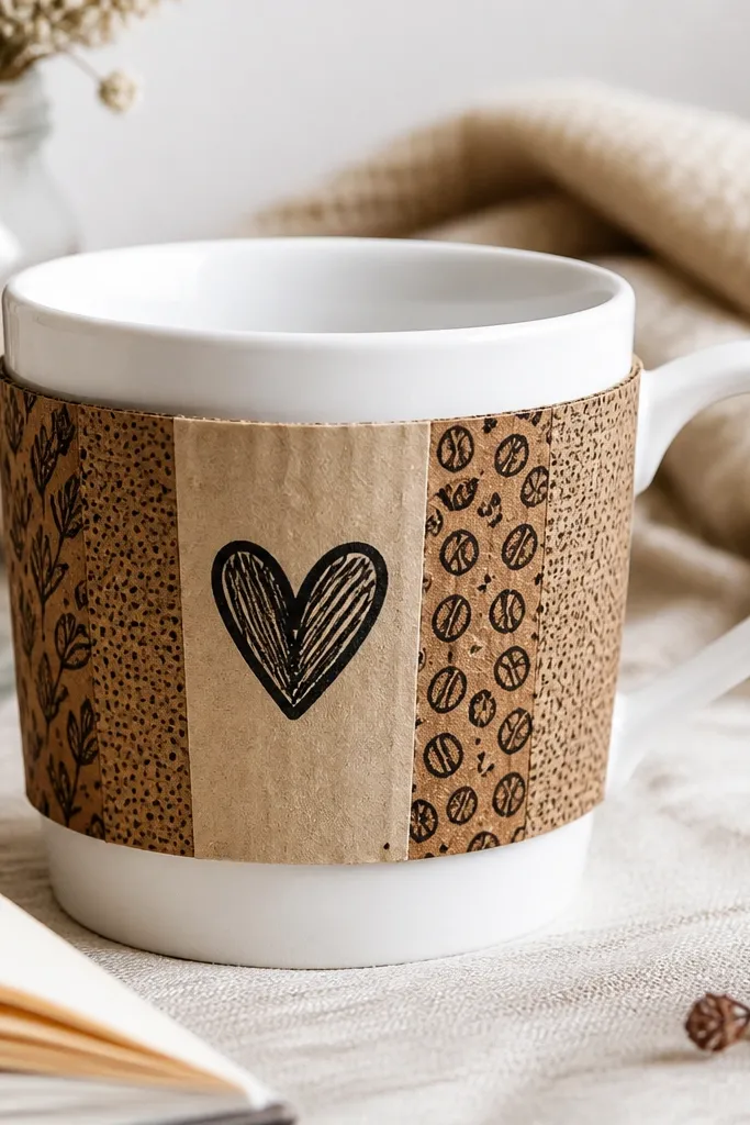 A plain white mug with a patchwork sleeve pattern: strips of brown and cream printed coffee sleeves, topped with black marker lettering and a small heart icon.