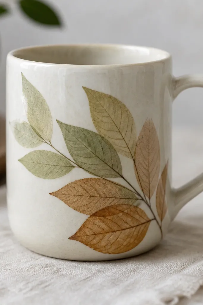 A light ceramic mug with translucent pressed leaves under a clear glossy layer, forming a diagonal botanical cluster; the leaves show visible veins.