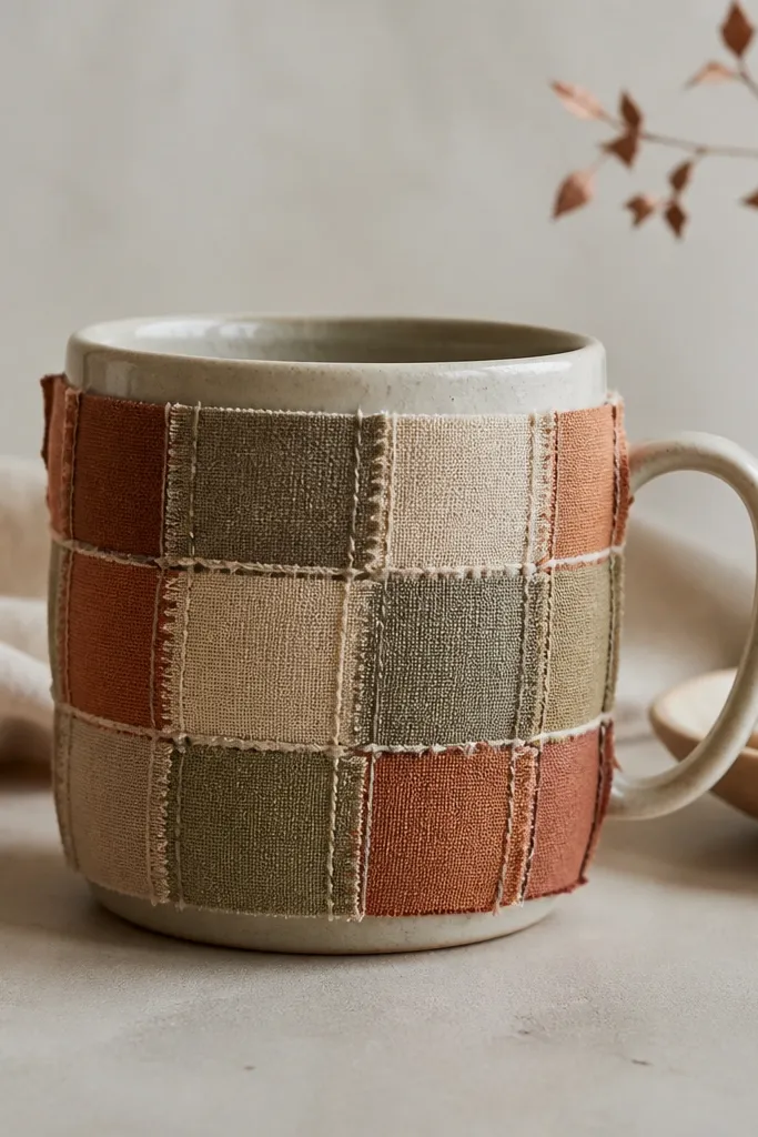 A mug wrapped with small fabric squares in muted terracotta, olive, and cream, with visible stitching-like seams created by overlapping strips.