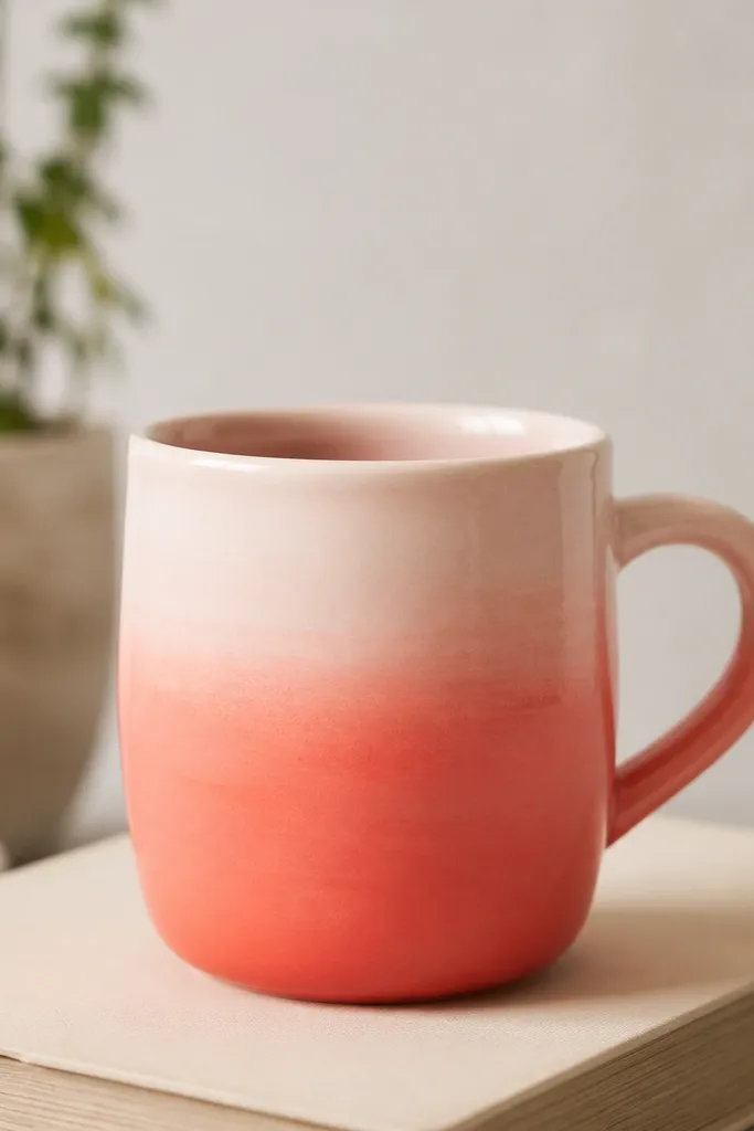 A thrift-style mug painted with an ombre fade from deep coral at the base to pale peach near the handle, with a soft brush gradient.