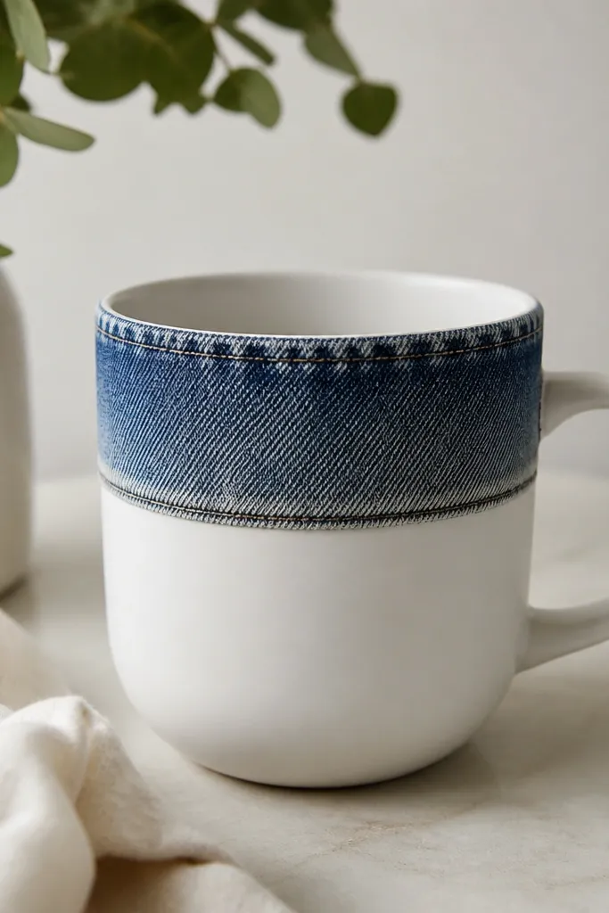 A mug with a denim strip wrapped around the rim area (outer side), showing a stitched hem and a faded blue gradient; the rest of the mug is clean white.