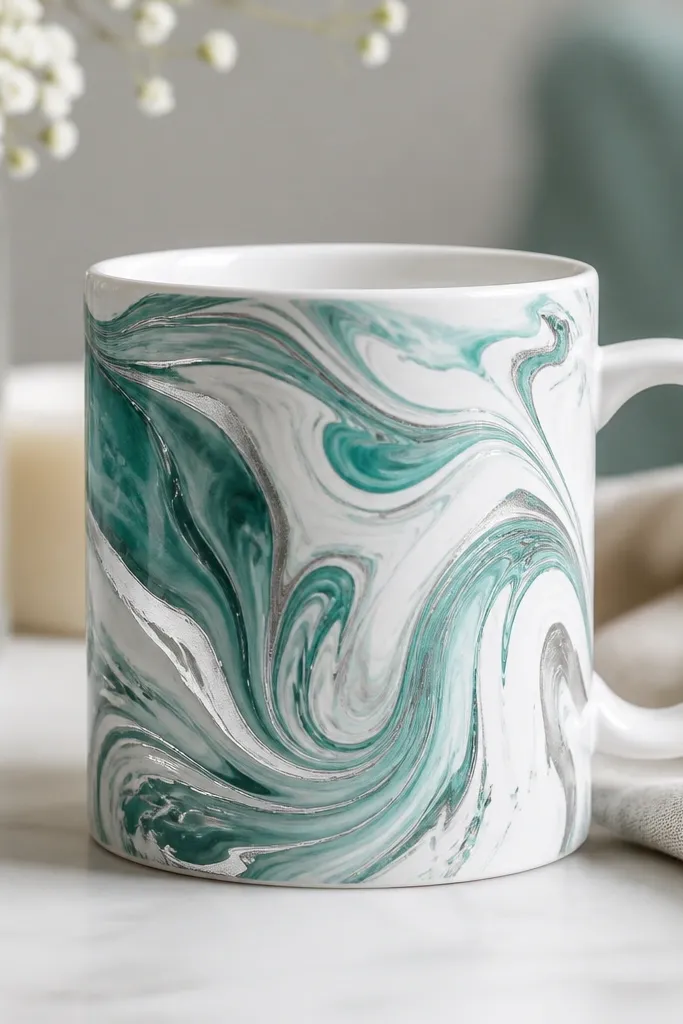 A white mug covered in marbled swirls in teal, silver, and white; the pattern looks like liquid ink with crisp curve lines.