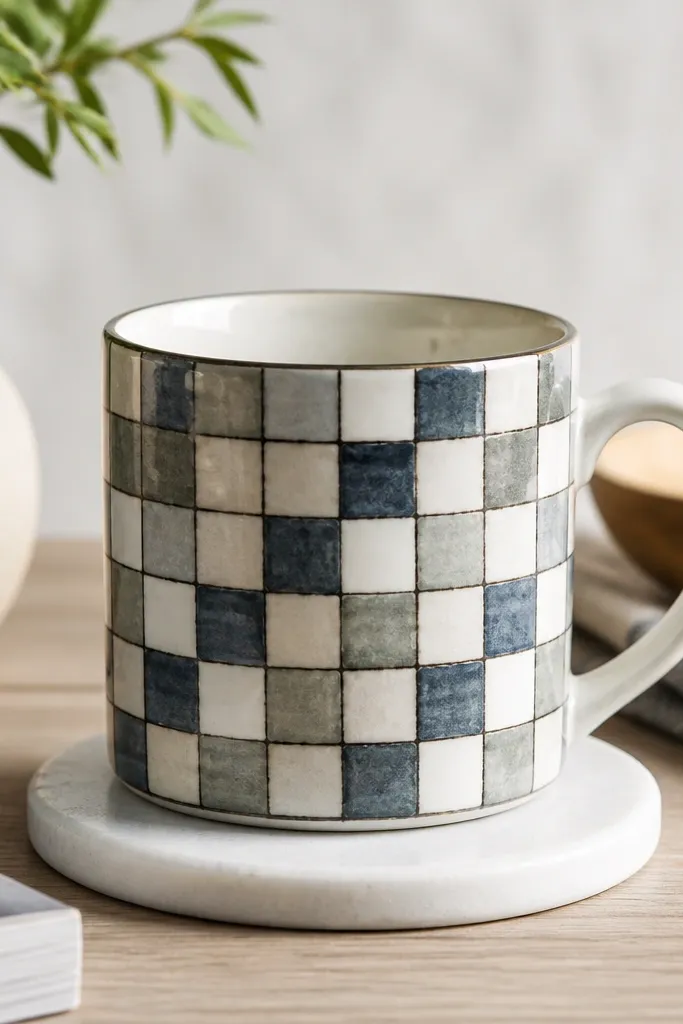 A mug with a grid of small painted squares in white, gray, and muted blue, like a tile coaster pattern; thin black lines separate each square.