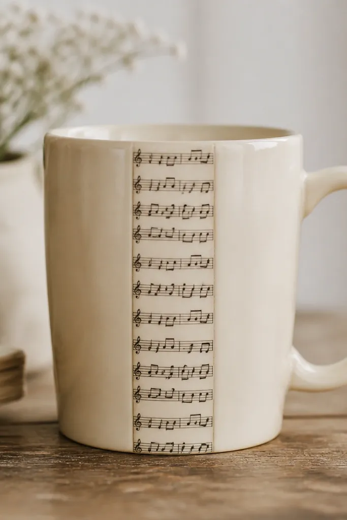 A cream mug featuring a vertical strip of sheet music down the center with tiny musical notes repeated; edges are sealed glossy.