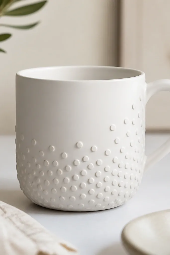 A matte white mug with raised dot textures around the lower half, created by stamps; a few dots cluster near the handle for balance.