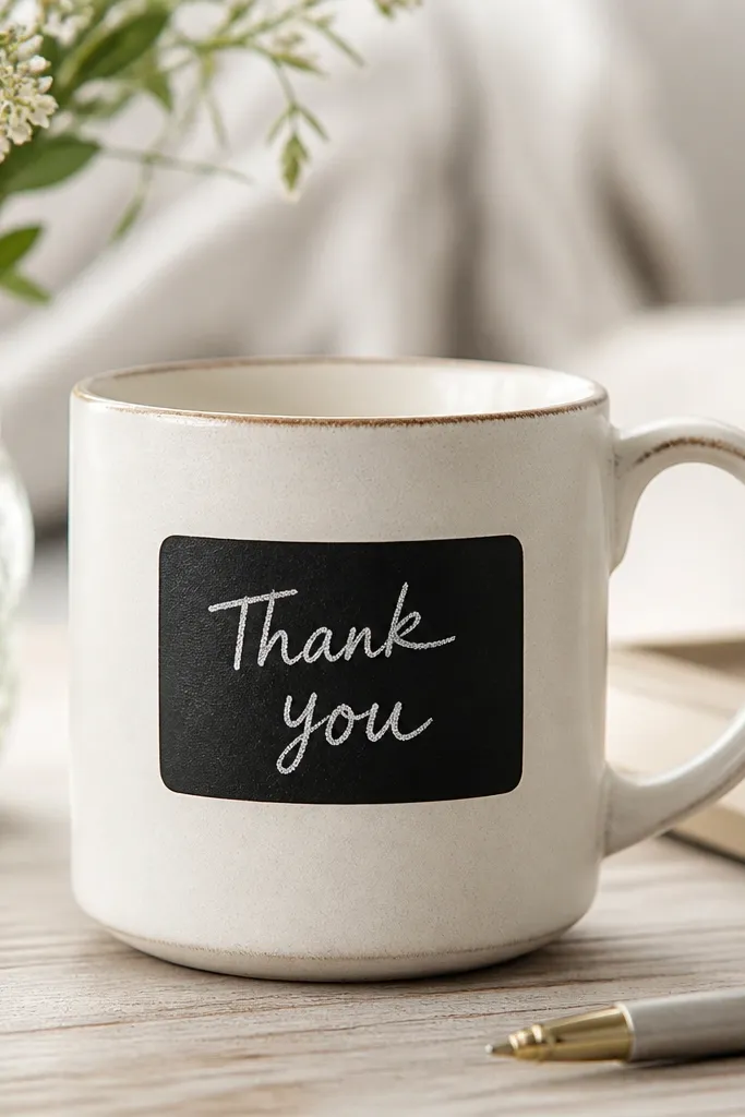A mug with a small matte black chalkboard-style rectangle on the side, with handwritten “Thank you” in white chalk script.