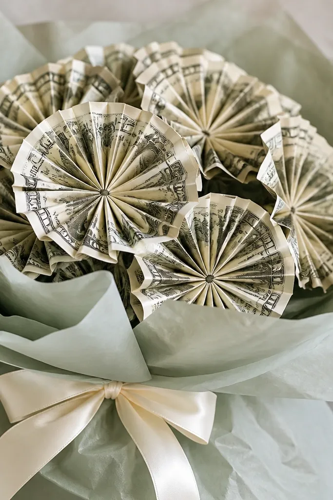 Multiple fan-shaped flowers made from folded bills in a neat cluster, surrounded by sage green tissue paper and tied with a soft cream ribbon.