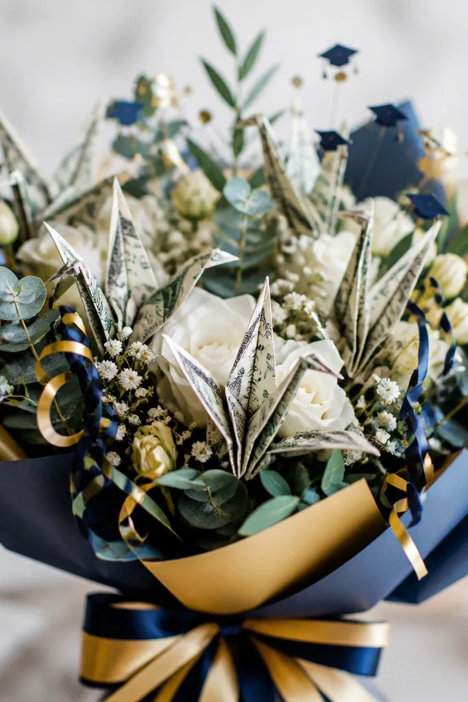 A bouquet with small crane shapes made from folded bills, arranged with navy and gold ribbon streamers and tiny graduation-themed confetti dots.