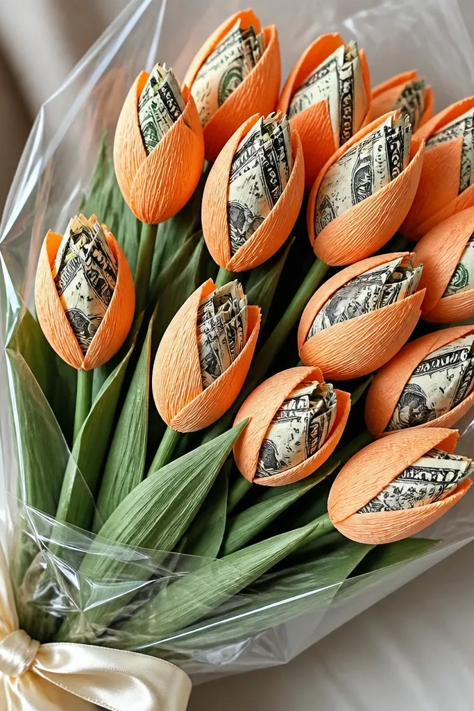 Tulip-like buds made from twisted and wrapped dollar bills, with orange crepe paper petals and cream ribbon in a clear cellophane sleeve.
