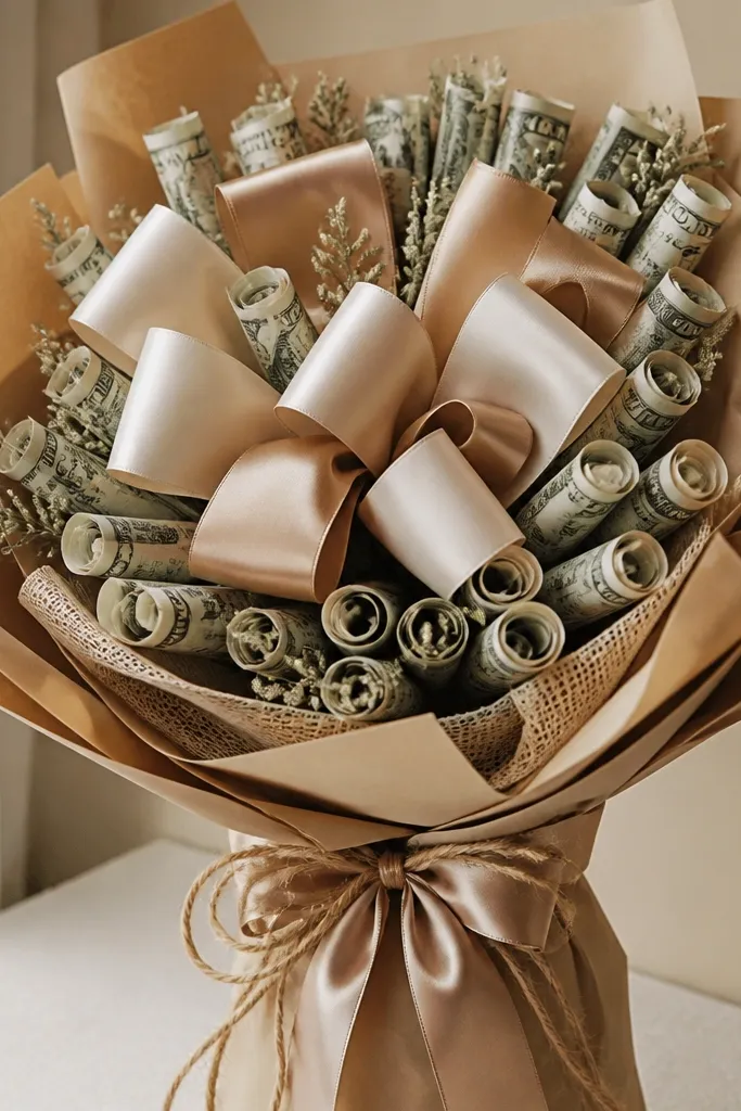 A bouquet where large ribbon bows are surrounded by small rolled bill accents, set in a kraft paper wrap with twine and a satin center knot.