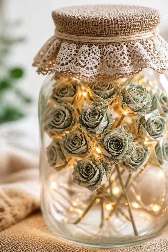 A clear glass jar filled with mini money roses on thin stems, with fairy lights tucked behind and a burlap-and-lace lid wrap.