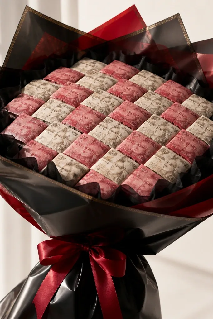 A bouquet with alternating square money tiles arranged like a checkerboard flower pattern, wrapped in black and red cellophane with a subtle sparkle border.