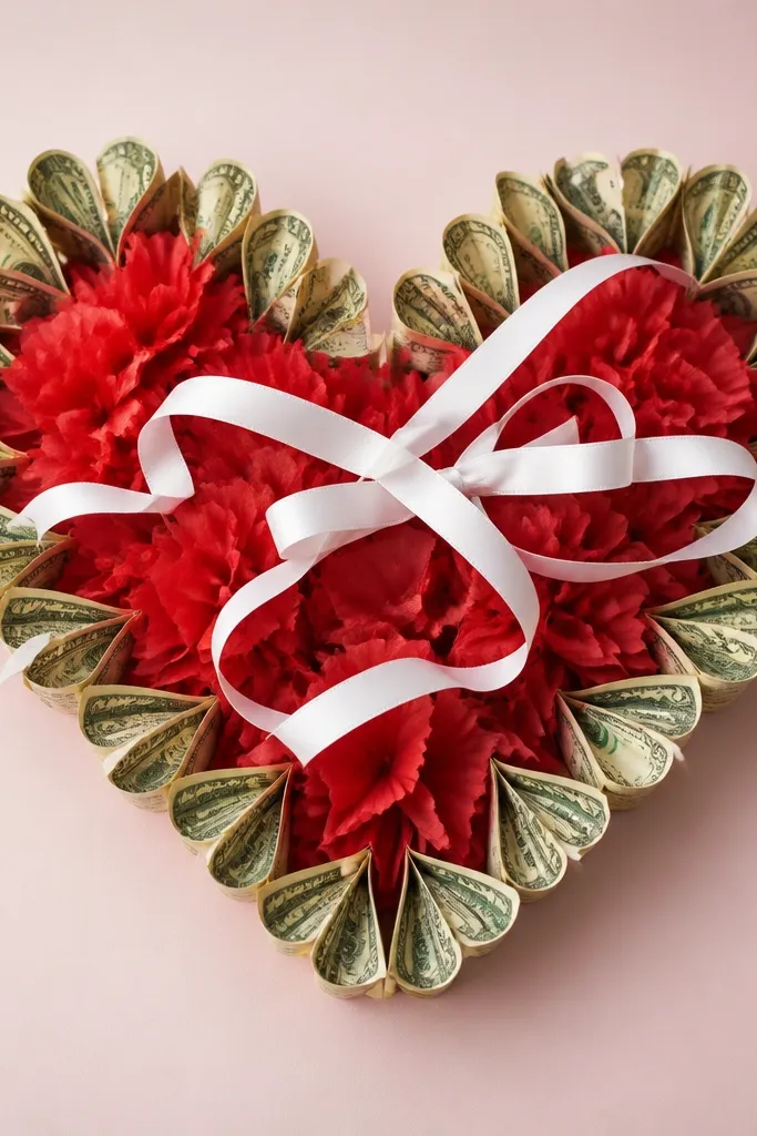 A heart-shaped arrangement made from folded bills forming small hearts, with red tissue flowers and white ribbon looping around the center.