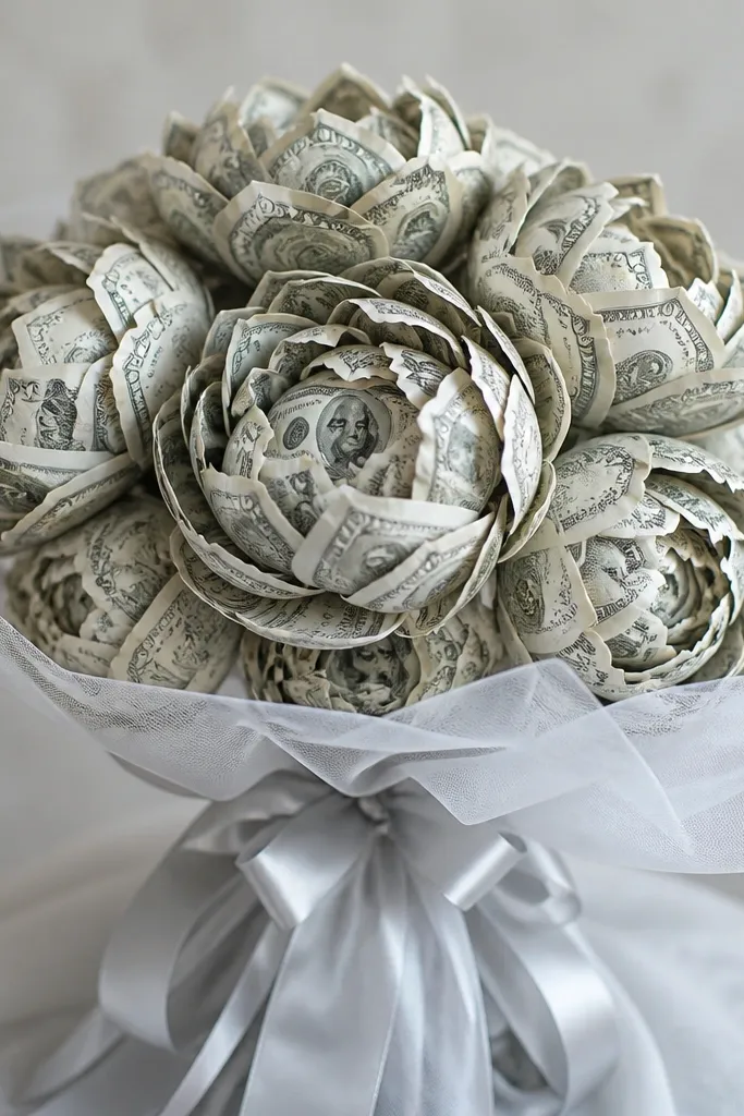 Large peony-like blooms made from layered bill petals, in a monochrome arrangement with silver ribbon and white tulle around the stems.