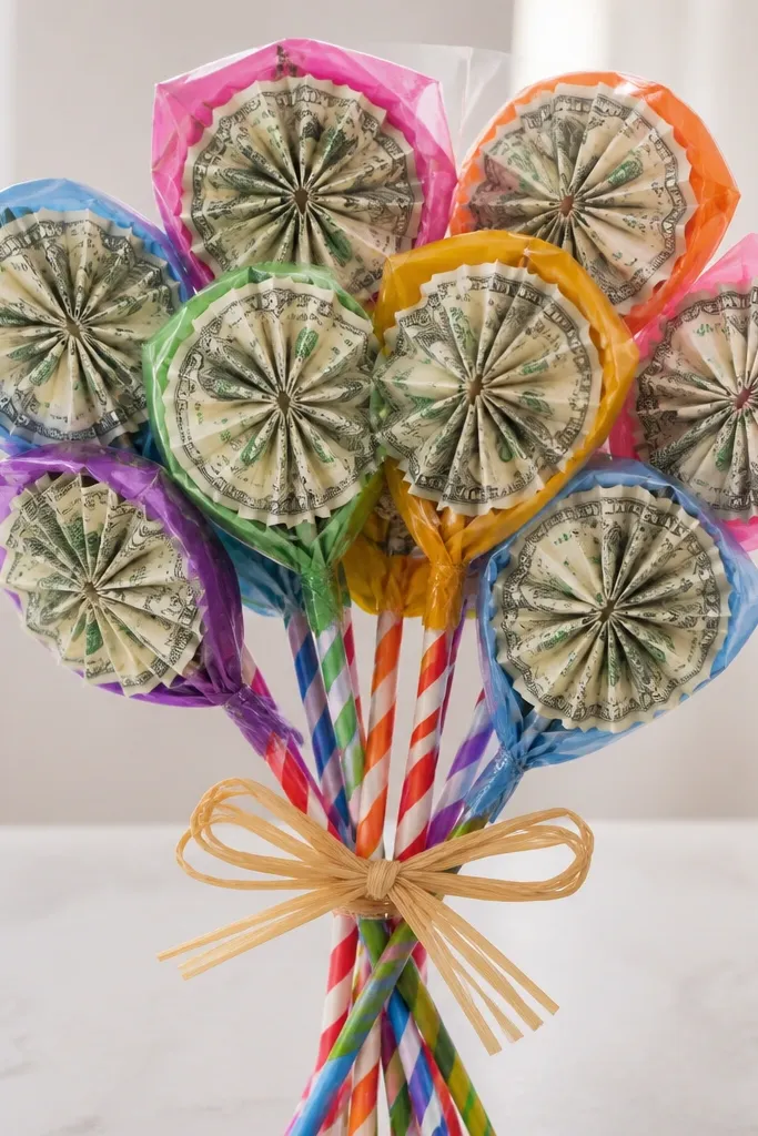 A bouquet of lollipop-shaped centerpieces where each lollipop top is formed from folded bills, with bright wrappers and striped sticks tied together.