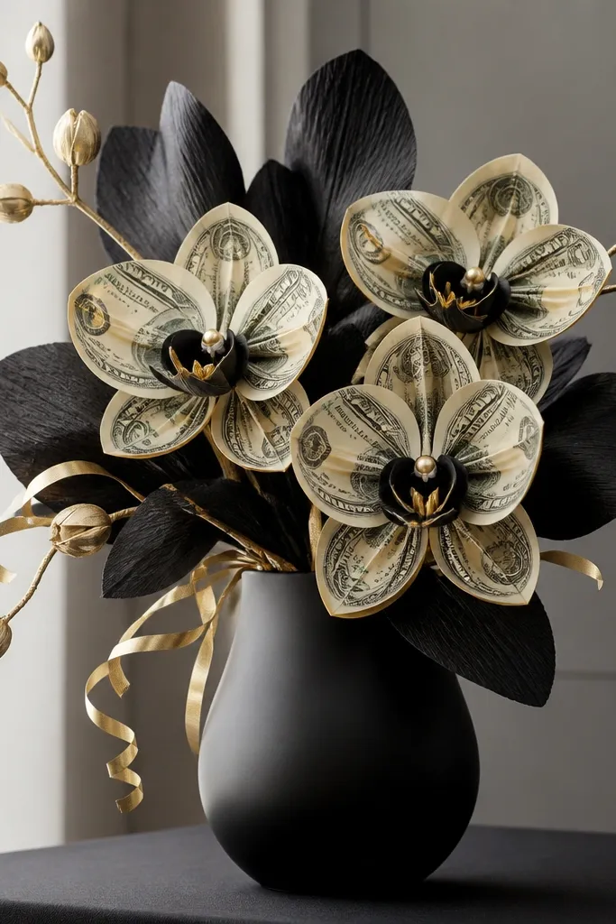 Elegant orchid-style blooms made from folded bills with black crepe petals and gold ribbon accents, arranged in a matte black vase.